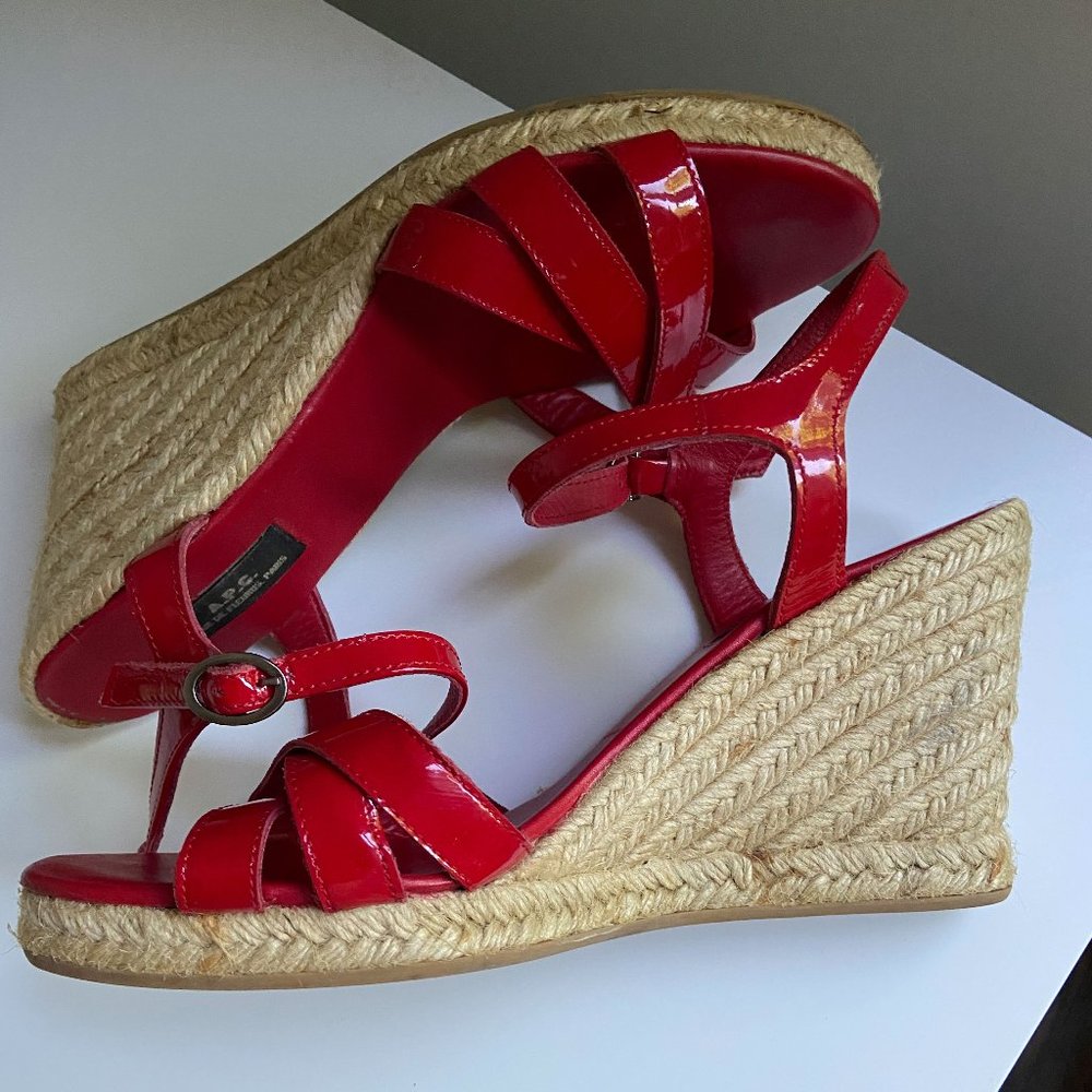 A.P.C. Red Patent Espadrille Wedge Sandal